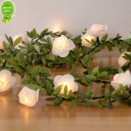 New Rose Flower Led Fairy String Lights Artificial Green Leaf Rattan Wedding Birthday Party Home DIY Decoration Christmas Garland