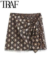 Skirts TRAF Summer Women Printed Skirt Traf Bow Tied Side Asymmetric Linen With Tassels High Waist A-Line Vintage Female Mini Skirt J230621