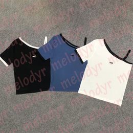 Fashion Designer T Shirts Embroidery One Shoulder Knitted Tees Women Sexy Sling Short Tops