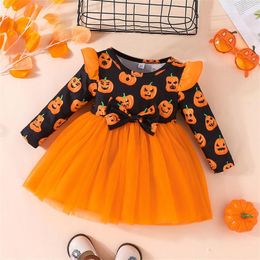 Girl Dresses Kids Girls Halloween Dress Letter Bat/Pumpkin Print Layered Tulle Long Sleeve Fall Casual Clothes Princess