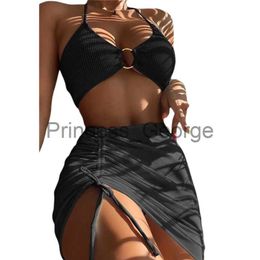 Women's Plus Size Swimwear Women Three Pieces Summer Swimsuit Halter Neck Tops Briefs Beach Skirt Swimwear Set For Lady Light Blue Black Bikini 2022 x0621