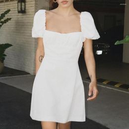 Casual Dresses Women White Fashion Linen Blend Dress Female Square Neck Short Puff Sleeves Backless Crossover Straps For