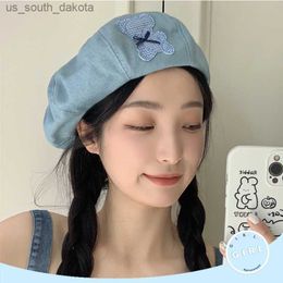 Summer Kaii Navy Blue Denim Beret with Bow Bear for Women Fashion Thin Breathable Painter Hat Girls Cute Patch Berets T133 L230523