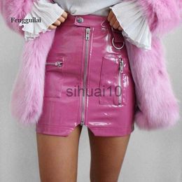 Skirts Sexy Club Outfits Women Mini Skirt PU Leather PVC High Waist Zipper Pocket Package Hip Shorts Female Streetwear Party Pink Black J230621