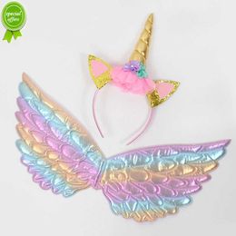 New New Rainbow Unicorn Angel Wings Headband For Girls Unicorn Theme Birthday Party Decoration Supplies Kids Gift Fairy Cosplay Props