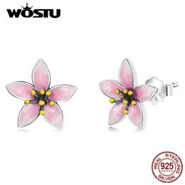 Stud WOSTU 925 Sterling Silver Pink Cherry Blossom Small Cute Stud Earrings For Women Fashion Party Jewellery CQE1273 230620