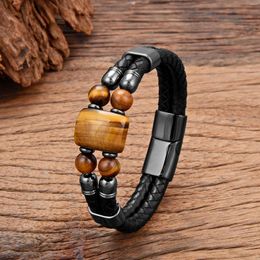 Charm Bracelets Natural Tiger Eye Stone Bracelet For Man Classic Double-deck Leather Bead Bangles Stainless Steel Magnetic Jewelry