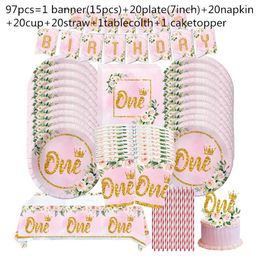 Disposable Take Out Containers 10 20people use Pink First Birthday Tableware Plate Straw Napkin Cup Baby Shower Girl 1 Year Old Party 230620