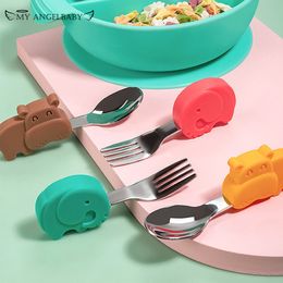 Cups Dishes Utensils Baby Gadgets Tableware Set Children Utensil Stainless Steel Toddler Dinnerware Cutlery Cartoon Infant Food Feeding Spoon Fork 230621