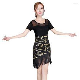 Stage Wear Women Latin Dance Fringe Skirt Lace Short Sleeve Printing Ballroom Costume Performance Practice Dress Tassel Belly Clothes