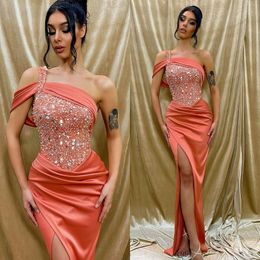 Sexy Coral Prom Dresses Sequins Top Straps Evening Gowns Slit Semi Formal Red Carpet Long Special Occasion dress