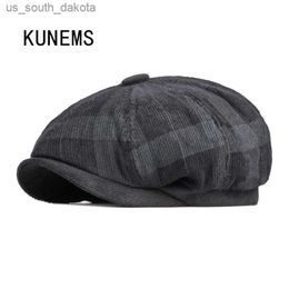 KUNEMS Fashion Plaid Octagonal Hats for Man Retro Corduroy Newsboy Hat Peaky Blinders Berets Personality Painter Cap Unisex L230523