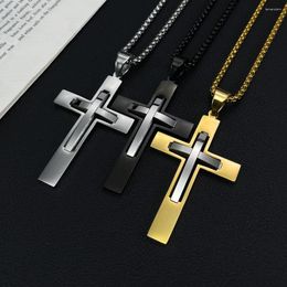 Pendant Necklaces JHSL Male Men Cross Pendants Necklace Fashion Christian Jewelry Chain Stainless Steel Black Silver Gold Color Arrival 2023