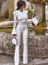 Women's Two Piece Pants Women Clothing Set 2023 Sexy Long Sleeve Black White Lace Bodycon Pieces Party Celebrity Bandage Boot Cut Suits