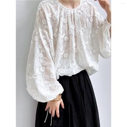 Women's Blouses Japan Style 3D Embroidery Flower Lace Blouse Female Spring Loose Wide French Romantic Lazy Shirt Pullover Women Tops