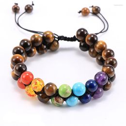 Strand Double Layer Natural Tiger Eyes Beads Tibetan Buddha 7 Chakra Lava Stone Men Bracelet Women Jewelry Gifts