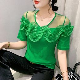 Women's T Shirts Summer Short Sleeve 3D Flower Ruffles Blouse 2023 Elegant Women T-shirt Solid Female Korean Casual Shirt O-neck Tee Top