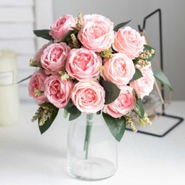 Dried Flowers Luxury Pink Rose Autumn Artificial Silk Wedding Home Decoration High Quality White Peony Simple Bouquet Fake Flower Wall