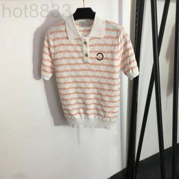 Women's T-shirt Designer Women Tee Knits t Shirts Tops with Button Striped Embroidered Girls Viscose Crop Luxury Brand Stretch New Short Sleeve Pullover LSL1