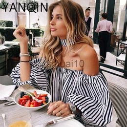 Women's Blouses Shirts Spring Elegant Floral Tops Plain Blue Off the Shoulder Elegant Sexy Shirts Women Tops Summer Blouse with Choker Y117 J230621