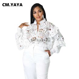 Women's Blouses Shirts CM.YAYA Women Elegant Lace See Though Ruffles Lantern Long Sleeve Floral Shirt and Blouse Tops J230621