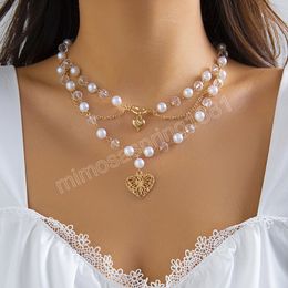 Multilayer Tassel Heart Pendant Necklace Classic Women Imitation Pearl Beaded Charm Choker Jewelry Collar Ladies Gifts