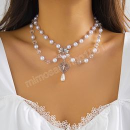 Vintage Silver Colour Bowknot Cross Pendant Choker Necklace for Women Jewellery White Imitation Pearl Neck Chain Party Gifts