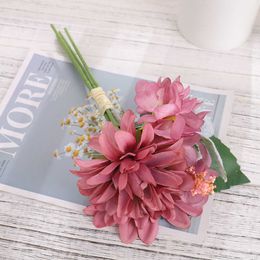 Dried Flowers New Beautiful Artificial Silk High Quality Autumn Dahlia Colour Bouquet Home Wedding Table Decoration Fake