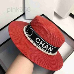 Wide Brim Hats & Bucket Designer straw hat brand letter cap female versatile pearl letters flat top Japanese large Sun Protection Beach shows small face TM3U