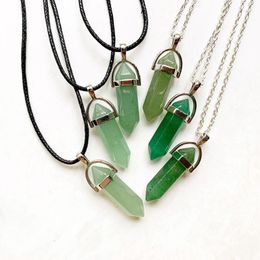 Pendant Necklaces Green Aventurine Stone Natural Crystal Hexagonal Column Necklace Link Chain Black Cord