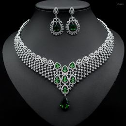 Necklace Earrings Set HIBRIDE Luxurious Elegant Big Green Cubic Zirconia Women Wedding Event Costume For Brides N-148