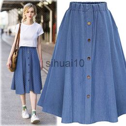 Skirts Fashion Korean Preppy Style Imitation Denim Skirts Women Solid Long Skirt Nature Waist Female Big Hem Casual Button Jean Skirt J230621