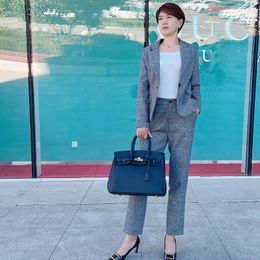 Women's Two Piece Pants Autumn Winter Elegant Plaid Office Lady Suit Blazer Faux Woollen Business Casual Women Sets