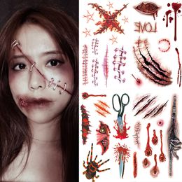 Temporary Tattoos Halloween Tattoo Stickers DIY Party Terror Spider Bloody Scar Wound Waterproof Lasting Realistic Stickers Body Makeup Decoration 230621