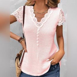 Women's Blouses Women Summer Top Hollow Out Lace Up V Neck Dress-up Buttons Short Sleeves Female Clothes Floral Embroidery Blouse Cooling