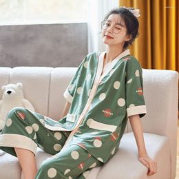 Women's Sleepwear 2023 Japan Summer Sweet Kimono Women's Short Sleep Tops Calf Pant Pajamas Set Ladies Cute Home Clothes Pyjama Pour