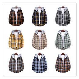 Men's Plaid long sleeve T shirt suit with hoodie 480 Grams Thick Spring Autumn all seasons wear loose Cotton Blend Stretch Durable Outdoor Coat For Men