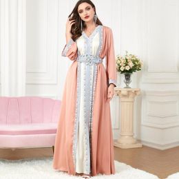 Ethnic Clothing 2023 Muslim Fashion Style Summer Women Long Sleeve V-neck Polyester Pink Abaya Dresses Maxi For