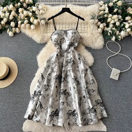 French Vintage Ink Painting Print Bra Strap Dress Summer Waist Wrap Show Thin Temperament A-line Large Swing Long Dress