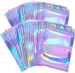 100 pcs Resealable Smell Proof Bags Foil Pouch Bag Flat laser colors Packaging for Party Favor Food Storage Holographic Color JL1273