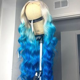 13X4 Frontal Ombre White to Blue Deep Wave Synthetic Lace Front Wigs for Women Glueless Daily Use Cosplay Wig