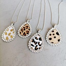 Pendant Necklaces Cubic Zirconia Border Genuine Leather Leopard Teardrop Necklace For Women 2023 Summer Style Cheetah