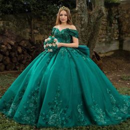 2023 Sexy Quinceanera Dresses Dark Green Lace Appliques Crystal Beads Off Shoulder Flowers Plus Size Formal Party Prom Evening Gowns Back With Bow