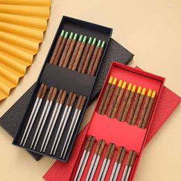 Chopsticks Reusable Wood Stainless Steel Metal Chopstick Lengthen Japanese Korean Chop Sticks 5 Pairs Gift Set