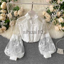 Womens Blouses Shirts Saliency 2020 Autumn New French Vintage Heavy Mesh Lace Three-dimensional Embroidery Blouse Women Puff Sleeve Fairy Shirt Top J230621