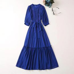 European and American women's clothes 2023 summer new Seven-point sleeves butterfly embroidery Belt Pleated Dress Blue XXL