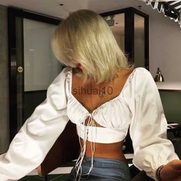 Women's Blouses Shirts Women Sexy Long Sleeve Cut-Out Shirts Solid Bandage Bodycon Crop Top Sexy Women's V-neck Puff Sleeve Clubwear Streetwear Blouses J230621