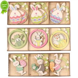 New 9pcs/set Easter Rabbit Wooden Pendants Hanging Painting Bunny Wood Crafts DIY Decor Easter Decorations for Home Kids Gift 2022
