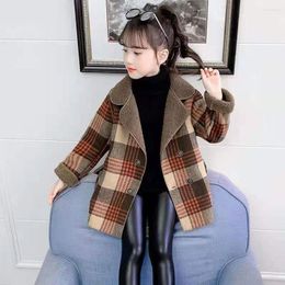 Jackets 2023 Turn-down Collar Autumn Winter Teenage Girls Woollen Coats Thicken Warm Mid Long Grid Kids Baby Girl Outerwear