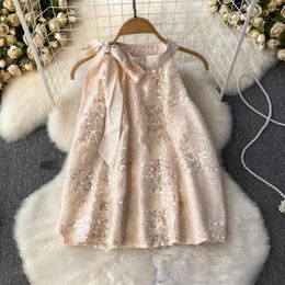 Women's Blouses Clothland Women Elegant Shiny Sequined Blouse Bow Tie Collar Sleeveless Shirt Champagne Chic Tops Blusa WA172